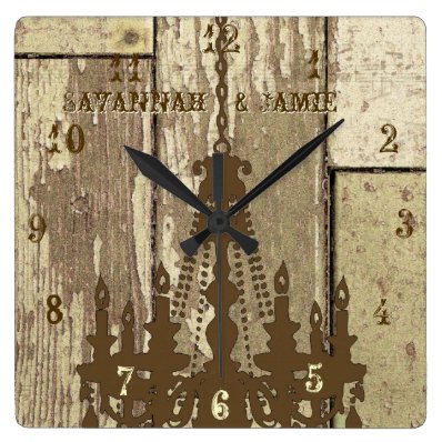 Personalized Old Rustic Wood Look Chandelier Square Wall Clock