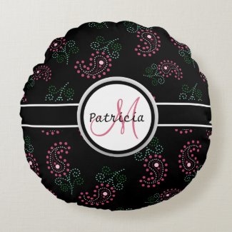 Personalized Paisley Pattern Monogram Black Round Pillow