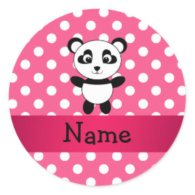 Personalized panda pink white polka dots round stickers