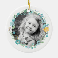 Personalized Photo Delicate Floral Wreath Double-Sided Ceramic Round Christmas Ornament