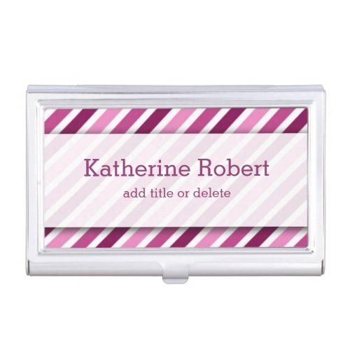 Personalized Pink And White Diagonal Stripes Business Card Case