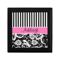 Personalized Pink, Black, White Damask Trinket Box