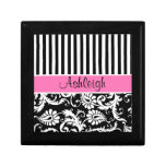 Personalized Pink, Black, White Damask Trinket Box