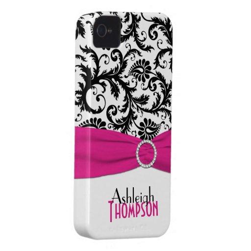 Personalized Pink, Black, White Floral Damask Case-Mate iPhone 4 Cases