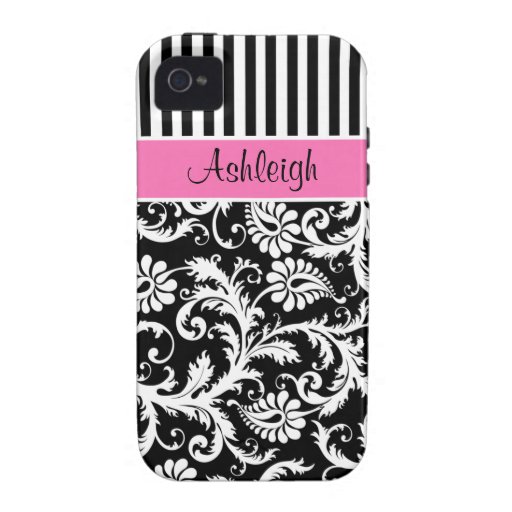 Personalized Pink, Black, White Striped Damask iPhone 4 Covers