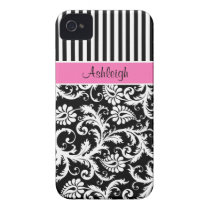 Personalized Pink, Black, White Striped Damask Iphone 4 Case