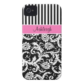Personalized Pink, Black, White Striped Damask Iphone 4 Case