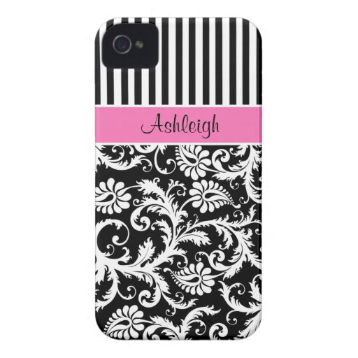 Personalized Pink, Black, White Striped Damask iPhone 4 Case
