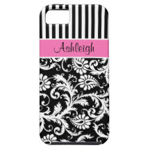 Personalized Pink, Black, White Striped Damask iPhone 5 Covers