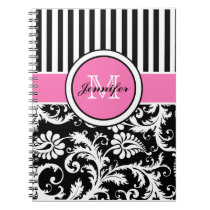 Personalized Pink Black White Striped Damask Spiral Note Books