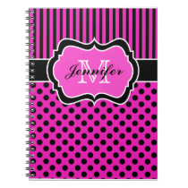 Personalized Pink Black White Striped Polka Dots Note Book