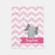 Personalized text Pink Chevron and cute Elephant baby girl Fleece Personalized Baby Blanket