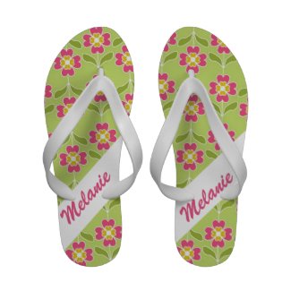 Personalized Pink Floral Pattern on Lime Green Flip Flops
