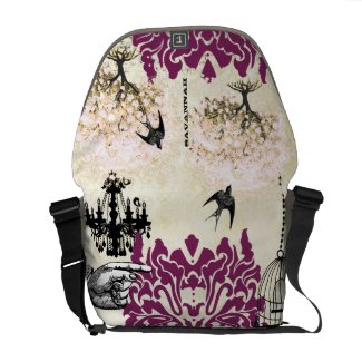 Personalized Pink Heart Leaf Vintage Bird Damask rickshawmessengerbag