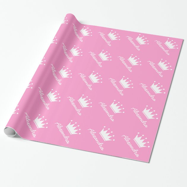 Personalized pink princess crown wrapping paper 1/4