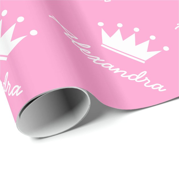 Personalized pink princess crown wrapping paper 3/4