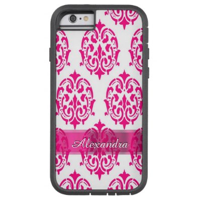 Personalized pretty hot pink and white damask tough xtreme iPhone 6 case