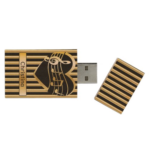 Personalized Printed bling golden musical notes Wood USB 2.0 Flash Drive
