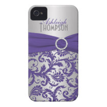 Personalized Purple and Silver Damask Iphone 4 Case-mate Cases