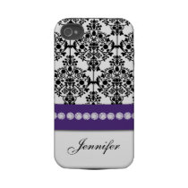 Personalized Purple Black White Floral Damask Tough Iphone 4 Cases