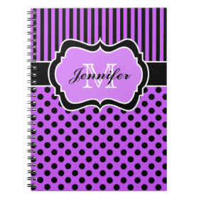 Personalized Purple Black White Striped Polka Dots Notebook