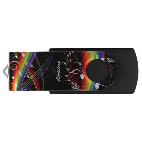 Personalized Rainbow White Music Notes on Black Swivel USB 3.0 Flash Drive