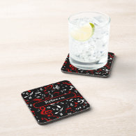 Personalized Red and white Musical notes on black Beverage Coaster