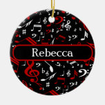 Personalized Red and white Musical notes on black Ornament