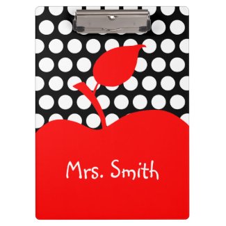 Personalized Red Apple Black and White Polka Dot Clipboard