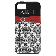 Personalized Red ribbon Black White Damask iPhone 5 Case