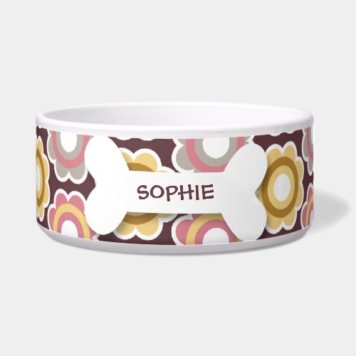 Personalized retro flowers dog bone pet food bowl petbowl
