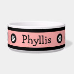 Personalized Retro Pink Paws and Bones Dog Bowl