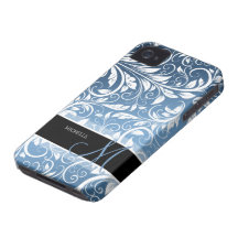 Personalized Royal Blue & White Floral Damask iPhone 4 Case-Mate Case