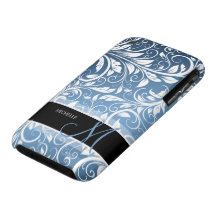Personalized Royal Blue & White Floral Damask iPhone 3 Cases