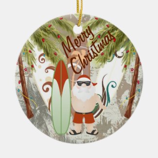 Personalized Santa and Surfboards Beach Christmas Double-Sided Ceramic Round Christmas Ornament