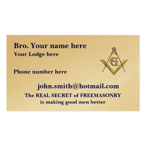 PERSONALIZED SQUARE AND COMPASSES MASONIC BUSINESS CARD TEMPLATE (front side)