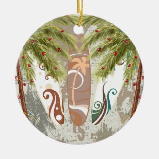 Personalized Surfboards and Palm Trees Beach Double-Sided Ceramic Round Christmas Ornament