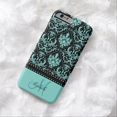 Personalized Teal Blue & Black Damask Barely There iPhone 6 Case