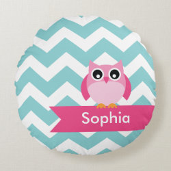 Personalized Teal Chevron Pink Owl Round Pillow
