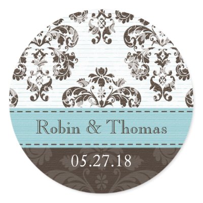 Personalized Tiffany Blue and Brown Damask Wedding Stickers by 
