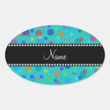 Personalized turquoise rainbow polka dots oval sticker