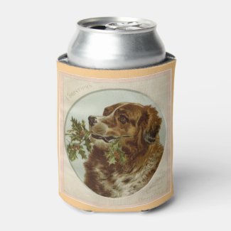 Personalized Vintage Christmas Dog with Holly Can Cooler