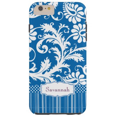 Personalized Vintage Sea Blue Damask and Stripe Tough iPhone 6 Plus Case