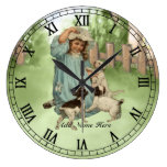 Personalized Vintage style girl with terrier dogs Wallclocks
