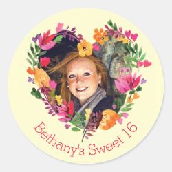 Personalized Watercolor Floral Sweet 16 Photo Round Sticker