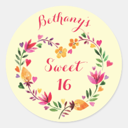 Personalized Watercolor Floral Sweet 16 Sticker