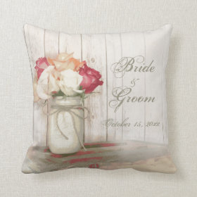 Personalized Wedding Mason Jar Roses Throw Pillow