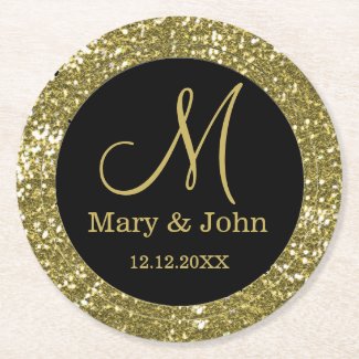 Personalized Wedding Monogram Glitter Gold Round Paper Coaster