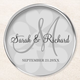 Personalized Wedding Monogram Stylish Silver Round Paper Coaster