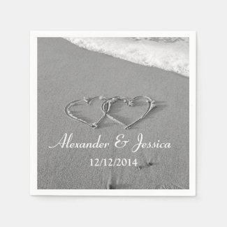 Personalized wedding napkins | drawn heart in sand disposable napkins